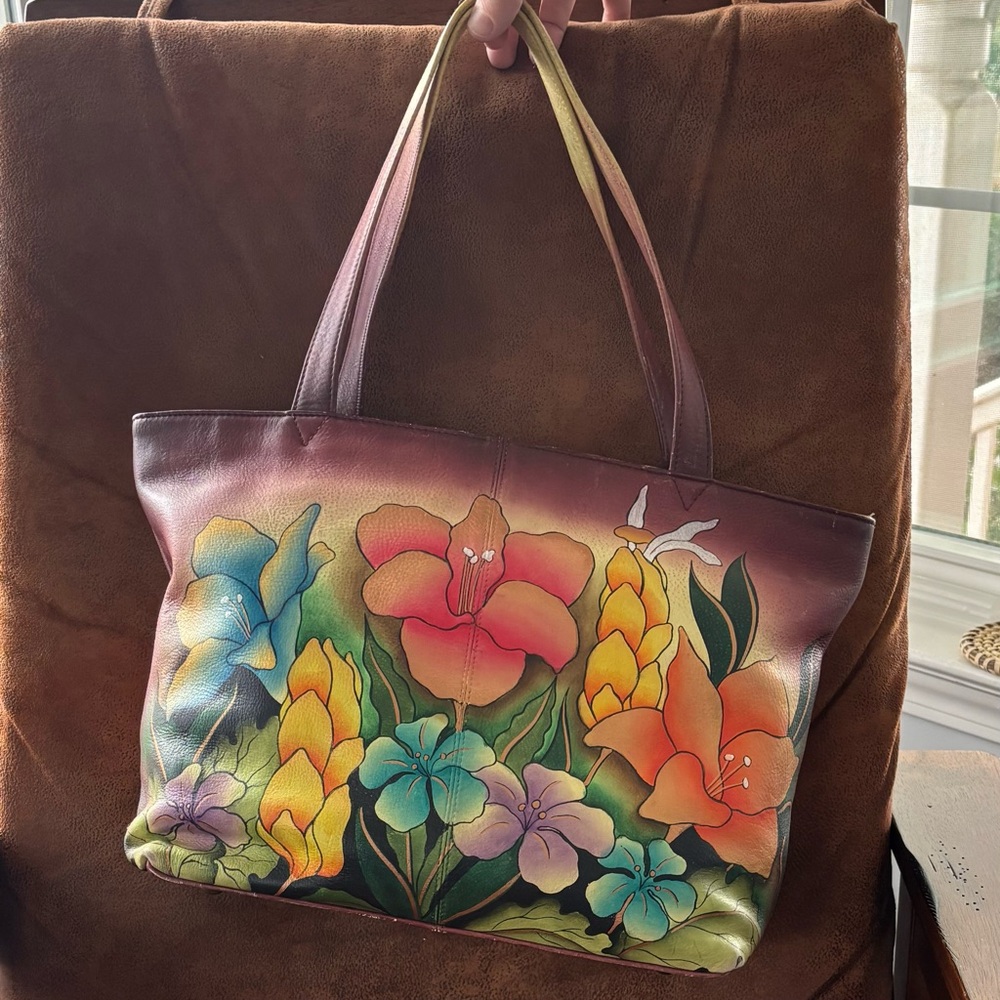 Anna Floral Leather Tote - Brown and Multicolor